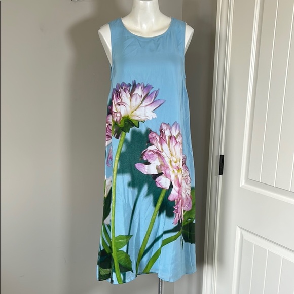 Anthropologie Photorealistic Silk Dress Duchess de Nemours peonies blue Sz 6 - Picture 3 of 16